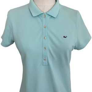 Vineyard Vines Polo Shirt Preppy Whale Logo Cotton Blend Short Sleeve Aqua